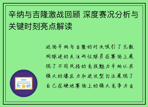辛纳与吉隆激战回顾 深度赛况分析与关键时刻亮点解读